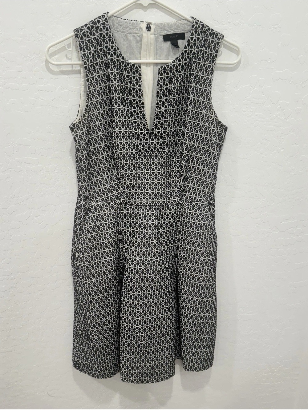 J. Crew Black and White Sleeveless Geometric Fit-and-Flare Dress